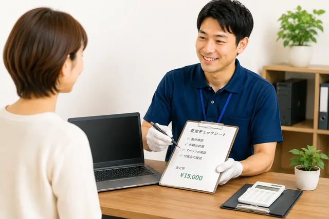査定チェックシートを見せながら買取金額を案内する様子