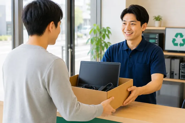 スタッフが店頭でお客様からパソコンの入った箱を受け取る様子