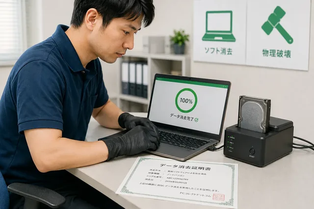 専用機材でデータ消去を行い、データ消去証明書を発行する様子