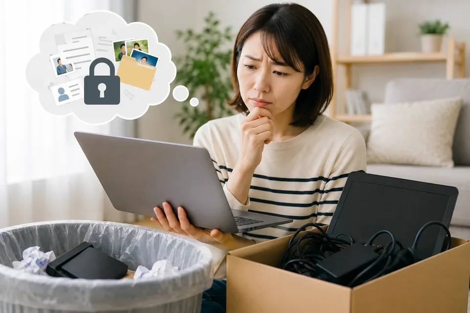 個人情報の漏えいを心配しながらパソコンの処分を考える女性