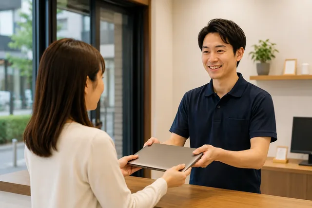 店頭でスタッフがパソコンを受け取る様子