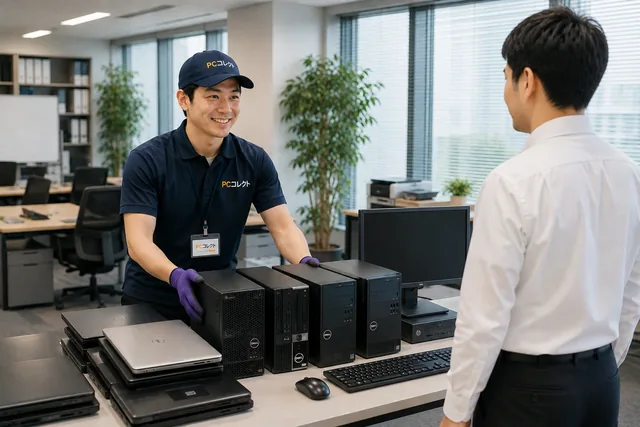 オフィスでスタッフがパソコンを訪問回収する様子